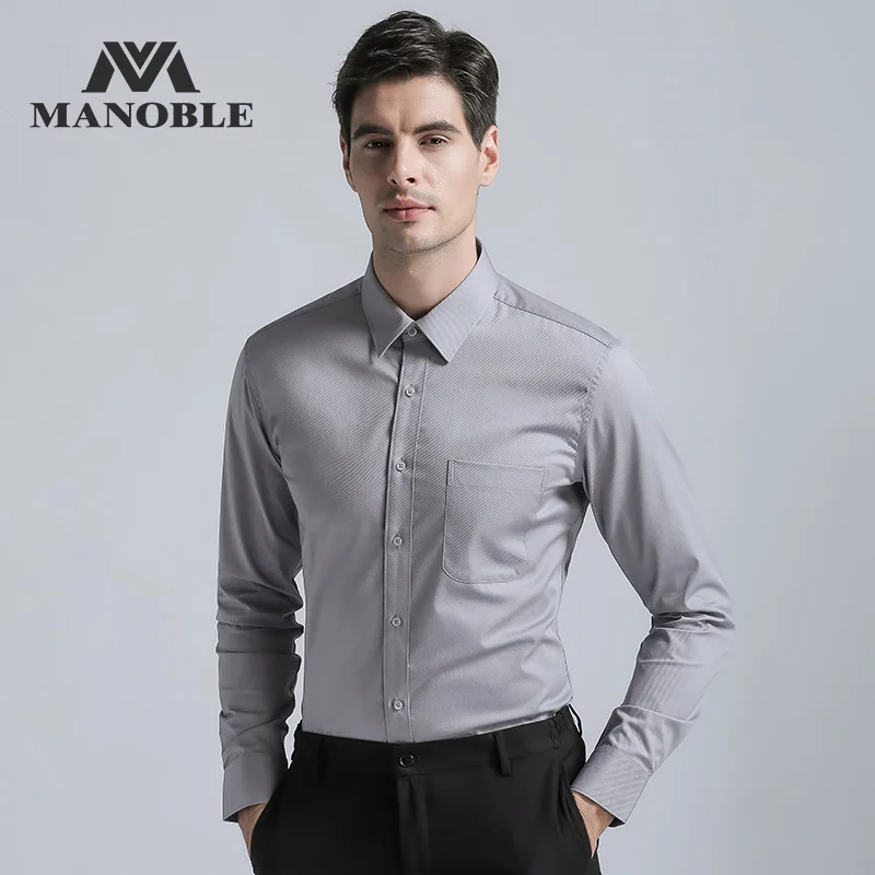 

High Quality Men's Dress Shirt 2022 Brands New Fashion Regular Fit Shirts Business Long Sleeve with Cufflink Solid Color Gray
