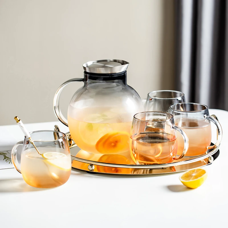 

BFE Heat Resistant Glass Cold Water Kettle 1.8L Large Capacity Fruit Teapot Amber Gray Teacups Summer Household Tea Set