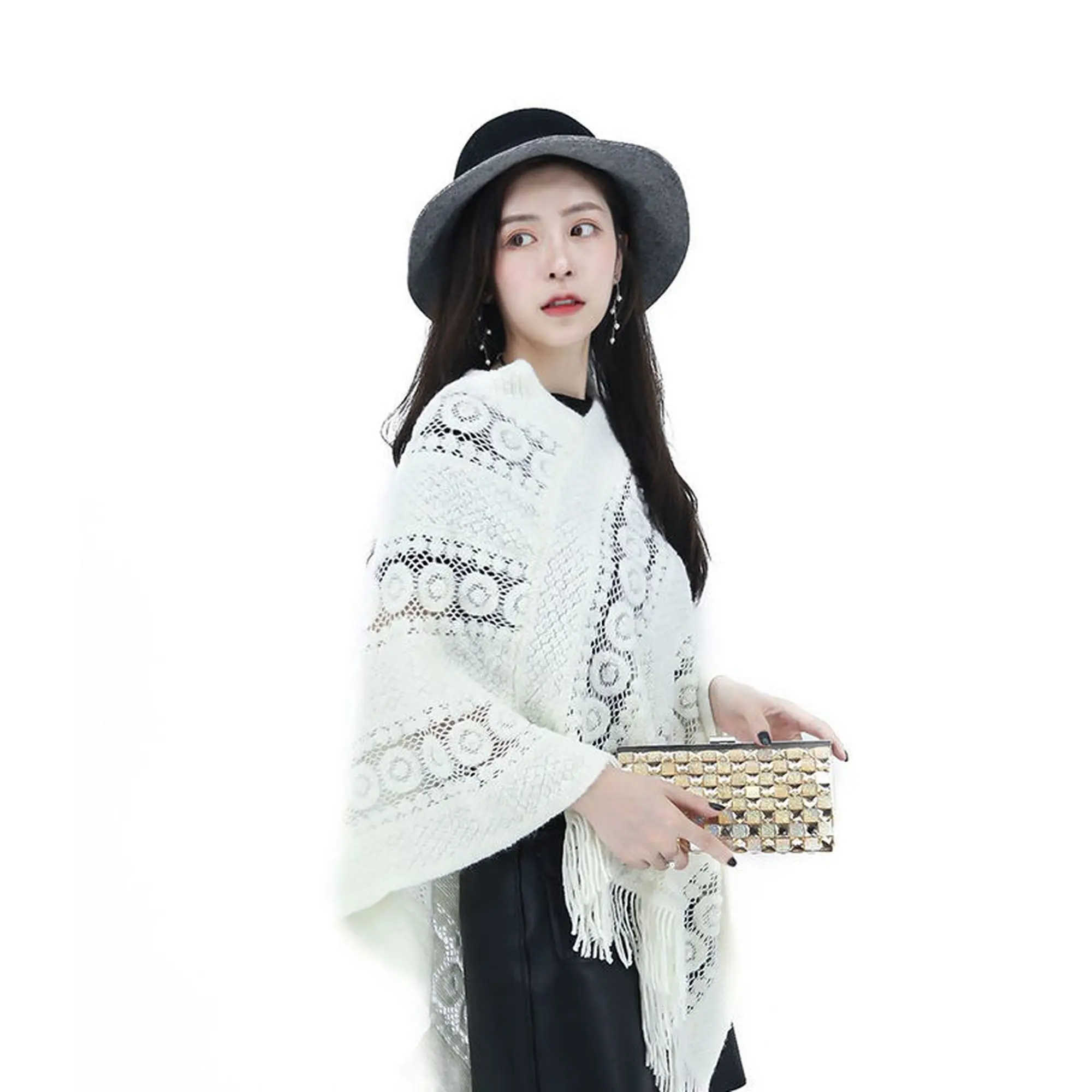 

Autumn and winter knit tassels new shawl scarf dual-use net red loose cloak jacket bat shirt