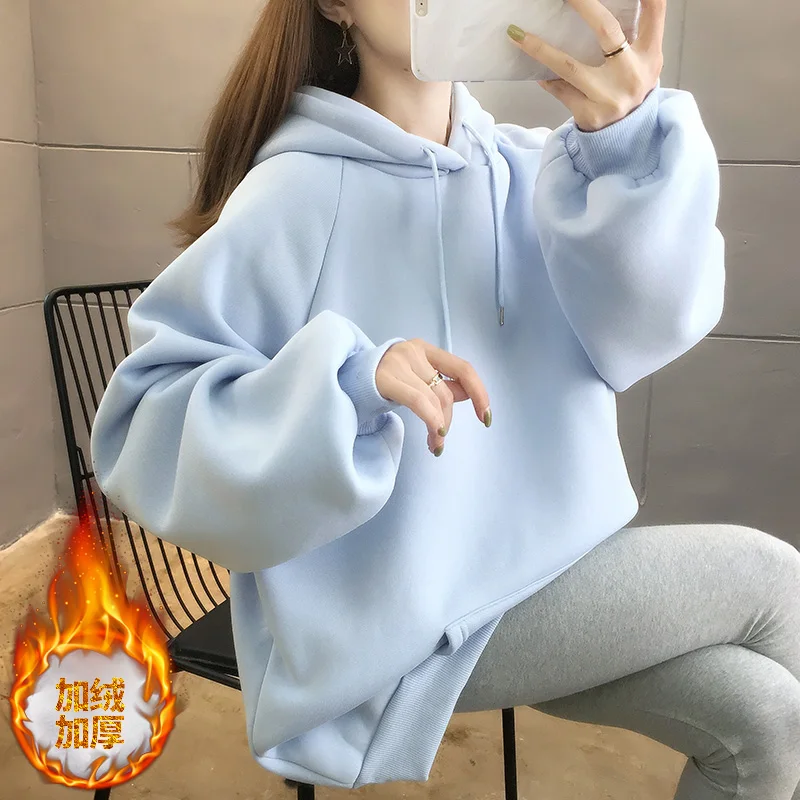 

0 Color Fat Mm Loose Large Size Solid Color Mid-Length Plus Velvet Padded Lantern Sleeve Hooded Sweater Hoodie