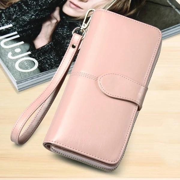 Light pink ACELURE Solid Color Women Long Wallets Simple Style Zipper& Hasp Purse With Card Holder Oil Wax Pu Leather Ladies Daily Wallet - Цвет: Light pink