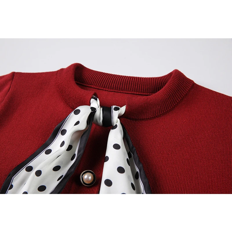 Винтажные вязаные платья шелковый шарф бандажный воротник длинный рукав-фонарик