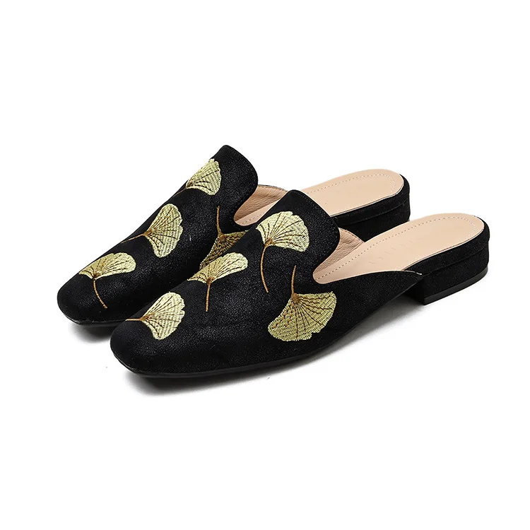 

New Women Shoes Embroidery Slippers Square Toe Low Heel Shoes Slip on Slides Ladies Casual Loafers Shallow Mules Brand Sandals