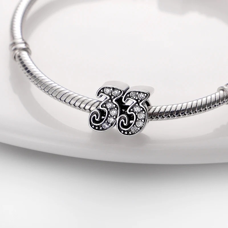 

New 100% 925 Silver Fit Original Pandora Bracelet Necklace Zircon Arabic Numeral 33 Plata De Ley Charms Women Fine Jewelry Gift