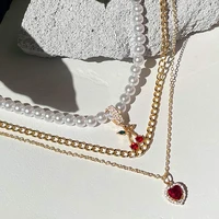 flatfoosie red crystal cherry pearls chain necklace multi layer heart rhinestone pendant metal necklace for women trendy jewelry