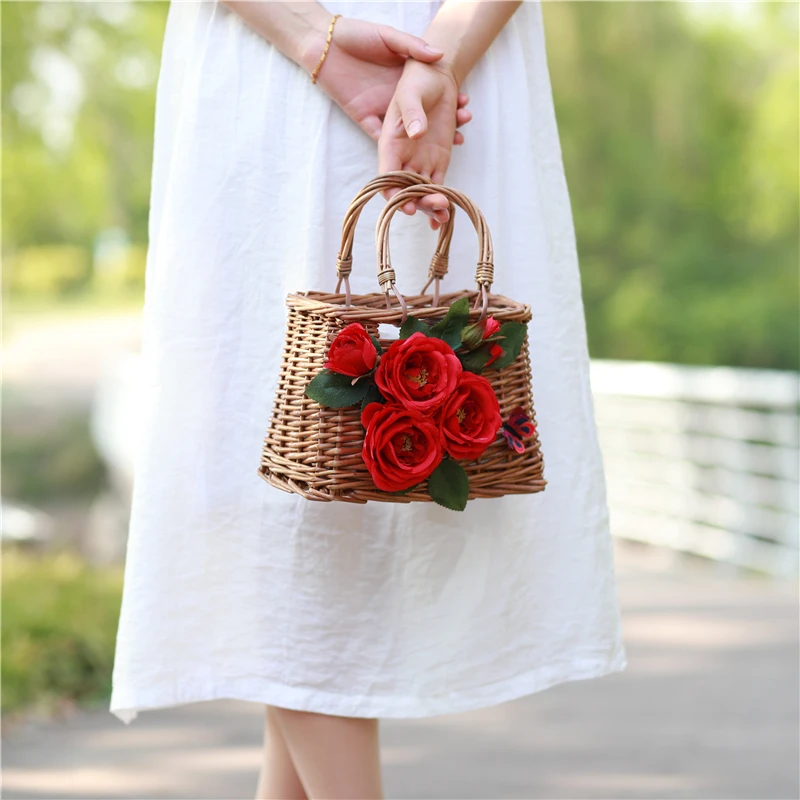 Соломенные сумки с красивыми цветами Женская плетеная Сумка из ротанга летние
