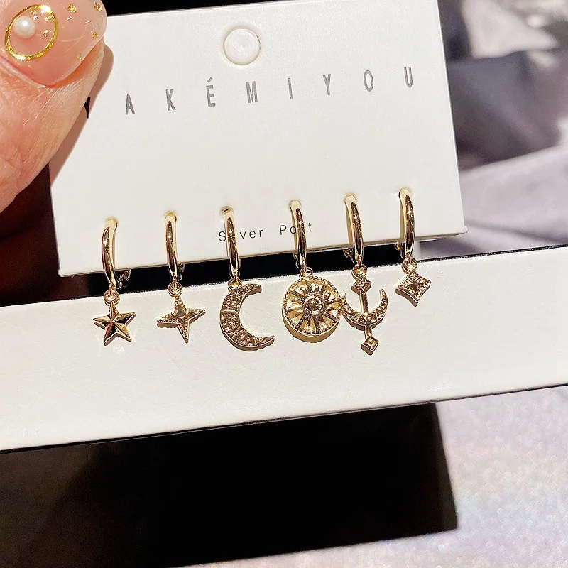 

SIPENGJEL Korean Crystal Celestial Bodies Huggies Earrings Set Simple Korean Sun Moon Star Jewelry Sets Earrings For Women