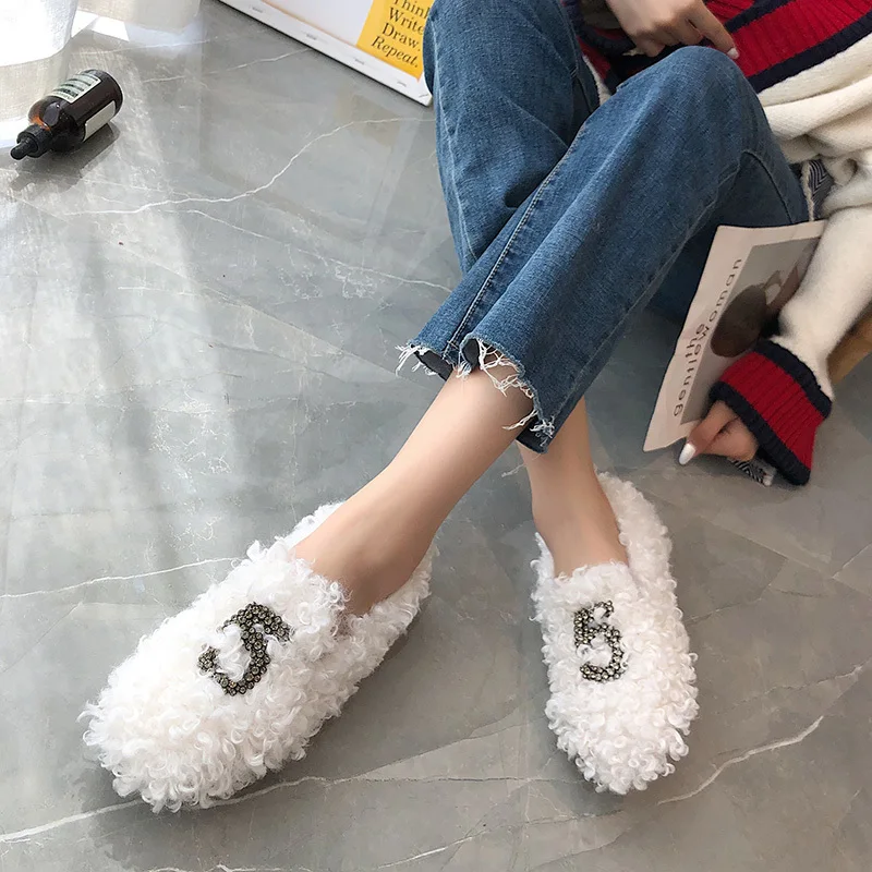 Женская зимняя обувь уличные Лоферы без застежки женская украшение с кристаллом