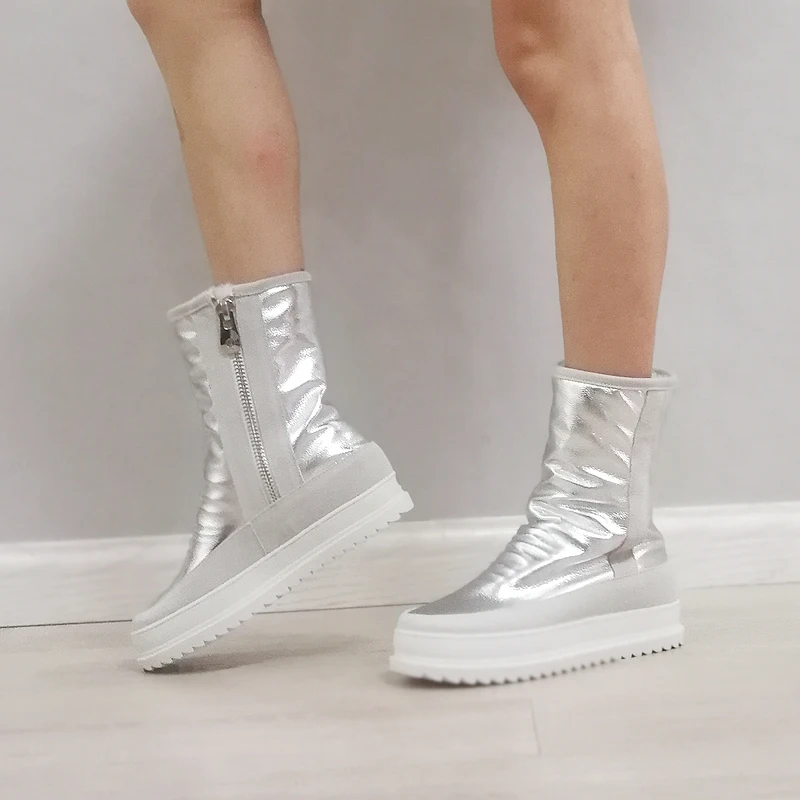 

Meotina Genuine Leather Flat Platform Snow Boots Women Mid Calf Boots Shoes Zip Real Wool Fur Boots Ladies Black White Winter 40