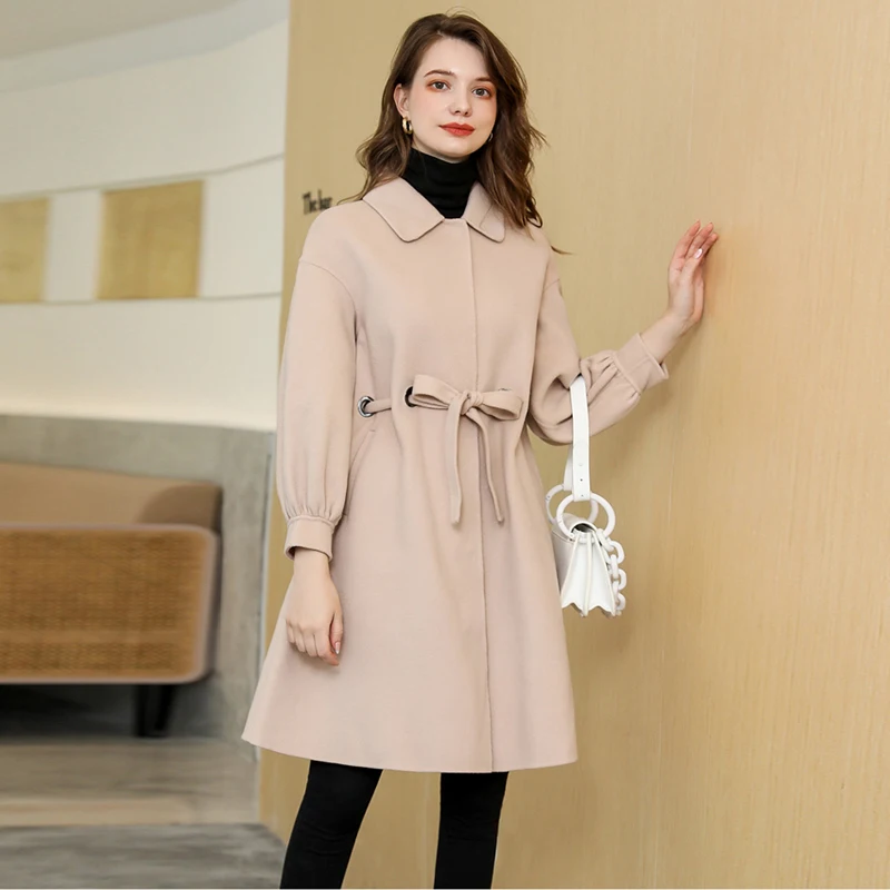 

Solid Wool Autumn Coat Women Mid-Length Single-Breasted Double-Sided Woolen Turn Down Collar Lace Up Lantern Sleeve Ladies Coat