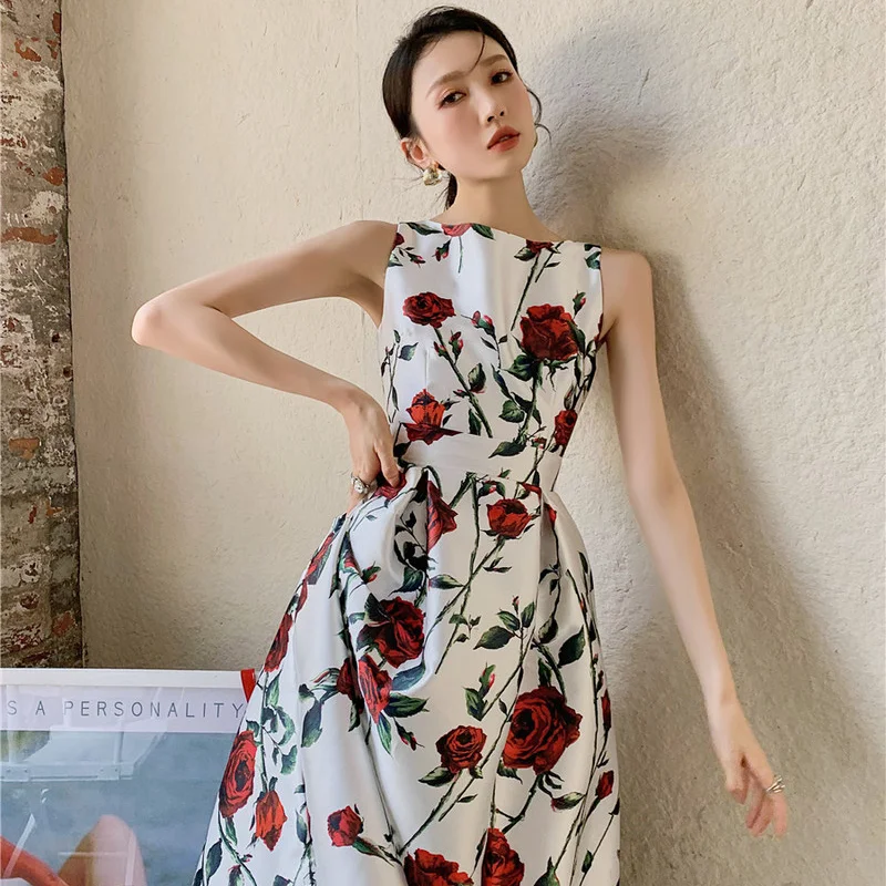 

Korejepo Women Dress 2021 Summer New French Retro Sweet Elegant Floral Rose O-neck Sleeveless High Waist A-line Mid-Calf Dress