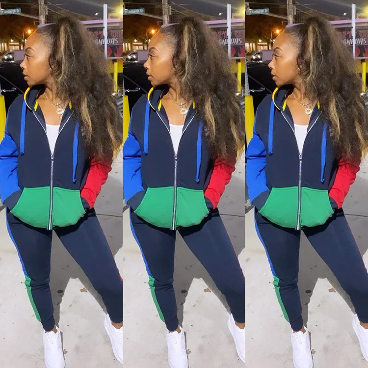 

Echoine Fashion Casual Color Patchwork Hooded Sweatshirt Top and Pants Two Piece Set Tracksuit Jogger Suit Club Outfits Sporty