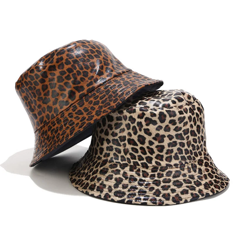

Fashion Leopard Print Bucket Hat Women Spring Autumn PU Leather Panama Fisherman Fishing Hats Sunshade Flat Caps Streetwear