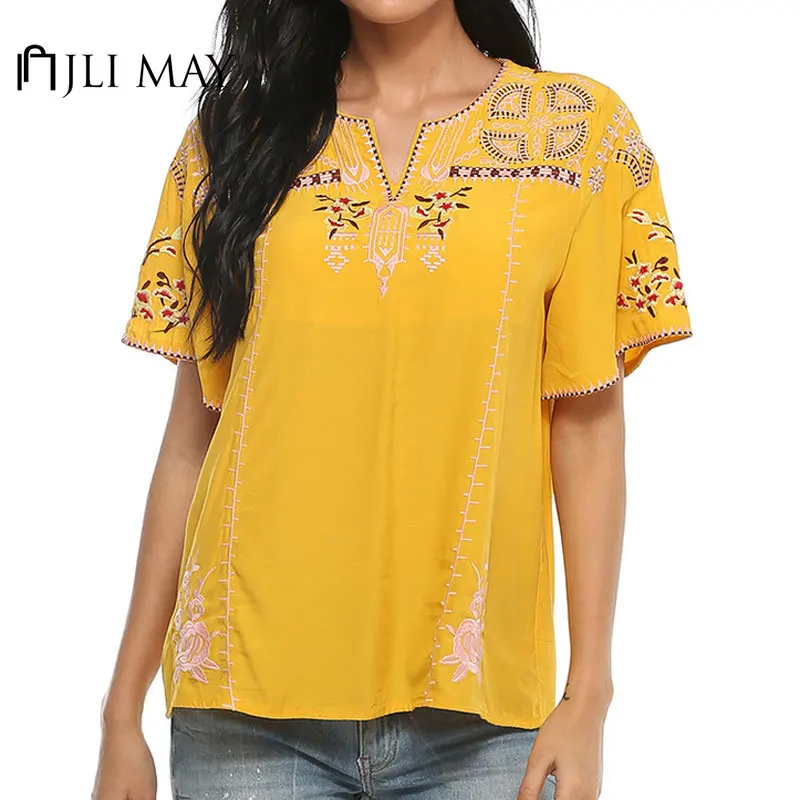 

JLI MAY Women Blouses Cotton Floral Embroidery Short Sleeve Summer Casual Loose Shirts