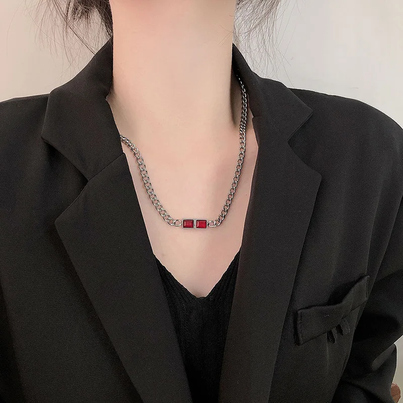 Titanium Steel Punk Short Choker Red Gemstone Crystal Necklace Collar Minimalist Chunky Necklace Ladies Jewelry titanium steel necklace punk chunky chain choker necklace new stainless steel chain necklace friendship gifts