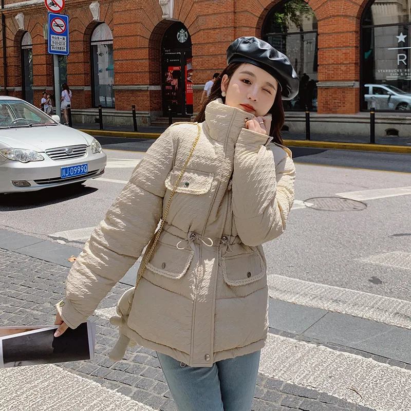 2021 Winter New Women Solid Color Parkas Stand-up Collar Bear Loose Woman Jacket  Fashion Pocket Zipper Slim Winter Coat