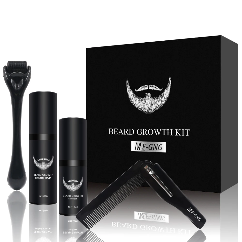 

4 Pcs/set Men Beard Growth Kit Hair Growth Enhancer Thicker Oil Nourishing Leave-in Conditioner Beard Grow Set with Comb Roller
