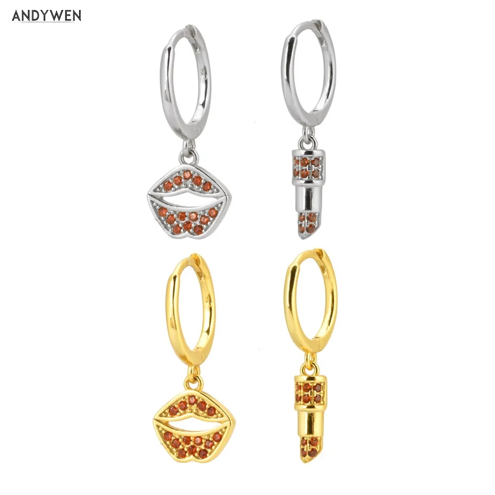 ANDYWEN 925 пробы Серебряный панк Красный Циркон CZ Пирсинг Серьги-капли поцелуй