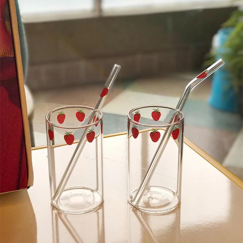 

ins Strawberry Glass Cup Nordic Style Breakfast Milk Juice Glass Heat Resistant Transparent Water Cup Straw For Home OffIce