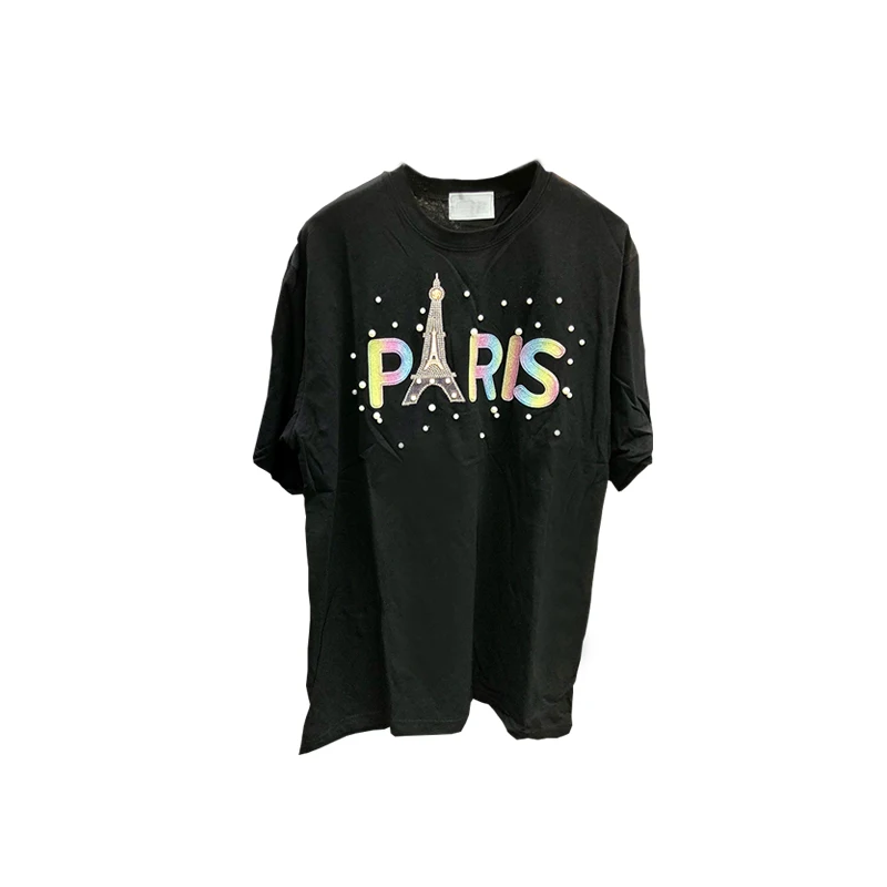 Женская футболка с круглым вырезом и жемчужинами в стиле Парижской башни летняя