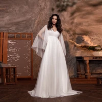 vintage v neck flare sleeves wedding dresses for women 2022 boho a line tulle v back bridal gown white floor length custom made