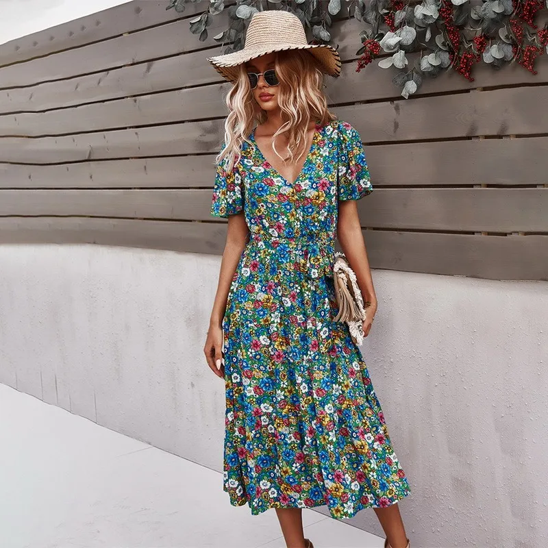 

Vintage Floral Print Maxi Dress Women Boho Short Sleeve Long Dress Turn Down Collar Casual Shirt Dresses Robe