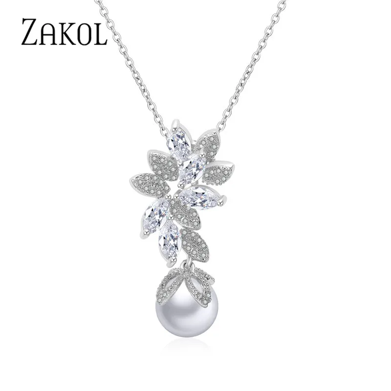 ZAKOL модный искусственный жемчуг и циркониевый цветок кулон ожерелье Свадебные