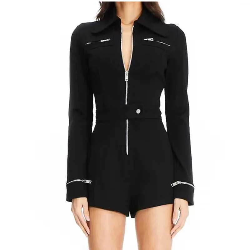 Женский Классический комбинезон на молнии черный облегающий с длинным рукавом и