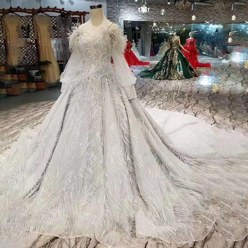 LSS324 серое вечернее платье с перьями страуса милое Пышное длинными рукавами