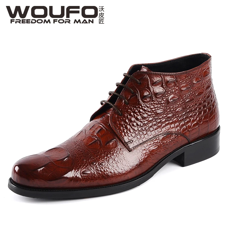 

QYFCIOUFU 2019 Leather Cow Genuine Mens Alligator Skin Boots Fall Men's Lace Up Boots Shoes High Top Ankle Short Boots Men Hot