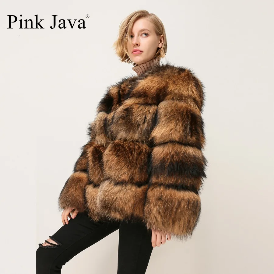 Розовое JAVA QC1874 Новое поступление женское зимнее пальто из натурального меха енота пушистое горячая распродажа меховое платье