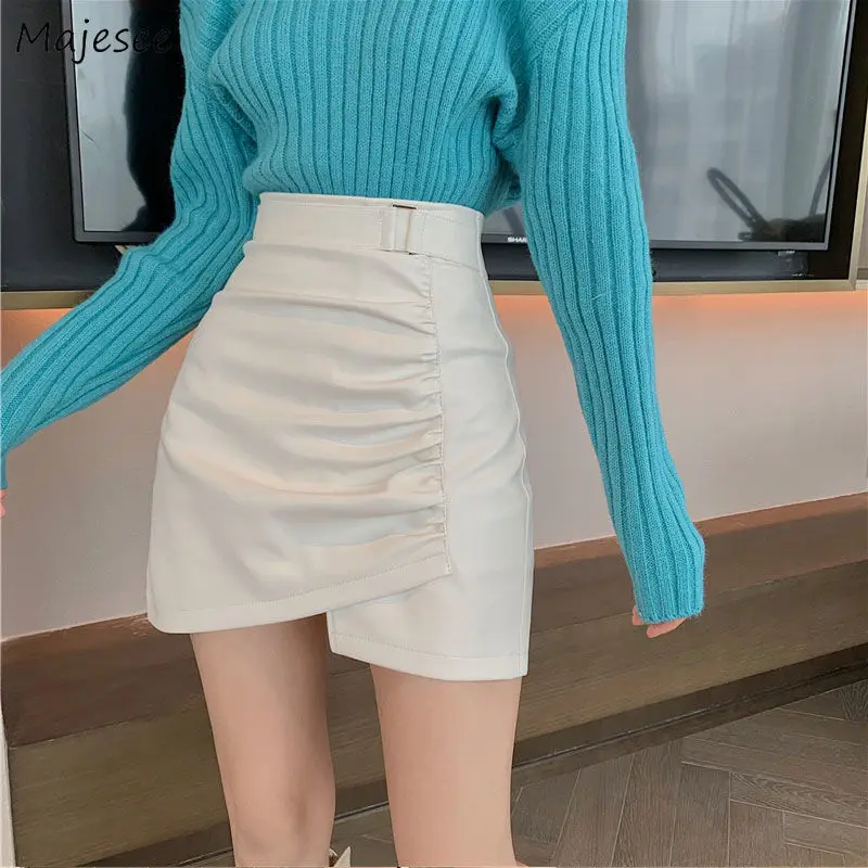 

Skirts Womens Asymmetrical PU Solid Design Sexy High Waist Mini Skirt Korea Style Trendy Chic Ins All-match Leisure Ulzzang New