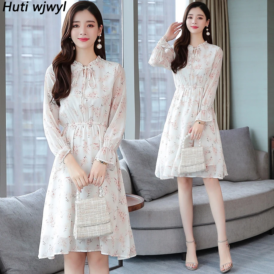

Autumn Winter Print Long Sleeve Beach Dress Elegant Women Bodycon Party Vestidos 2022 Vintage White Floral Chiffon Midi Dresses