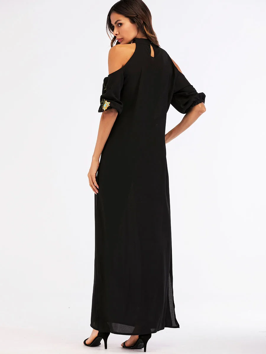 

Muslim Dress Women Moroccan Kaftan Gown Fashion Simple Embroidered Off Shoulder Split Musulman Femme Dress