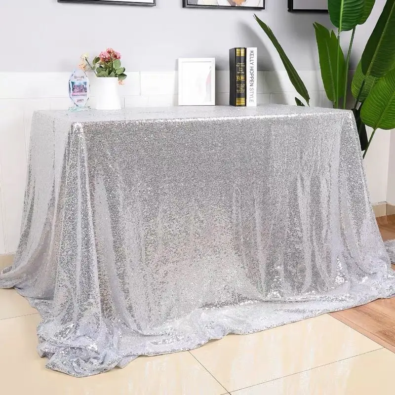 

1pc Rectangle/Round Table Cloth Cover Sequin Silver/Rose Gold/Champagne Tablecloth For Party Home Wedding Decoration Multi Sizes