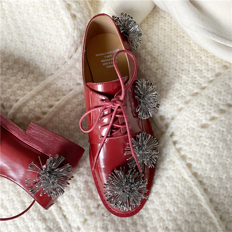 

Meotina Woman Shoes Genuine Leather Low Heels Lace Up Thick Heel Pumps Metal Decoration Flower Female Footwear Wine Red Size 40
