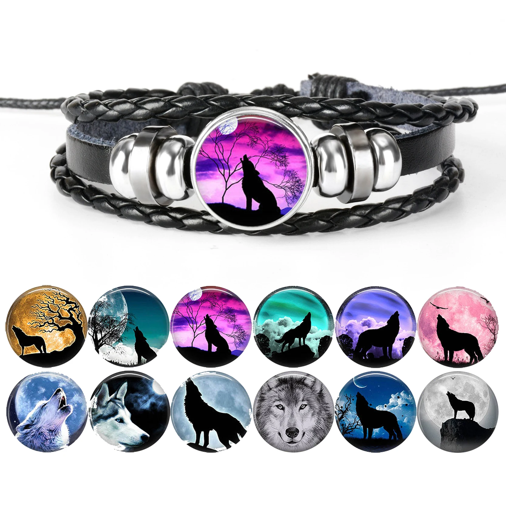 1 шт. модные аксессуары Волк и полная луна черная кнопка кожаный браслет
