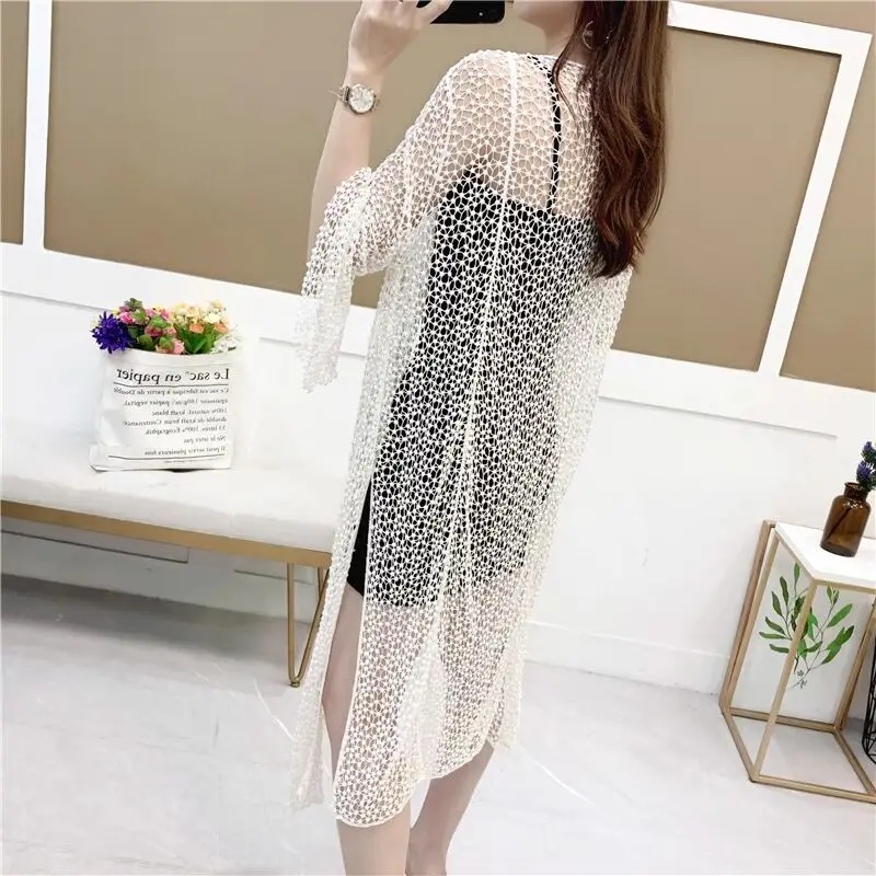 

Pearl Diary Women Knitted Lace Cotton Kimonos Summer Beach Cover Up Casual Crochet Openwork Sexy Long Flare Sleeve Cardigans