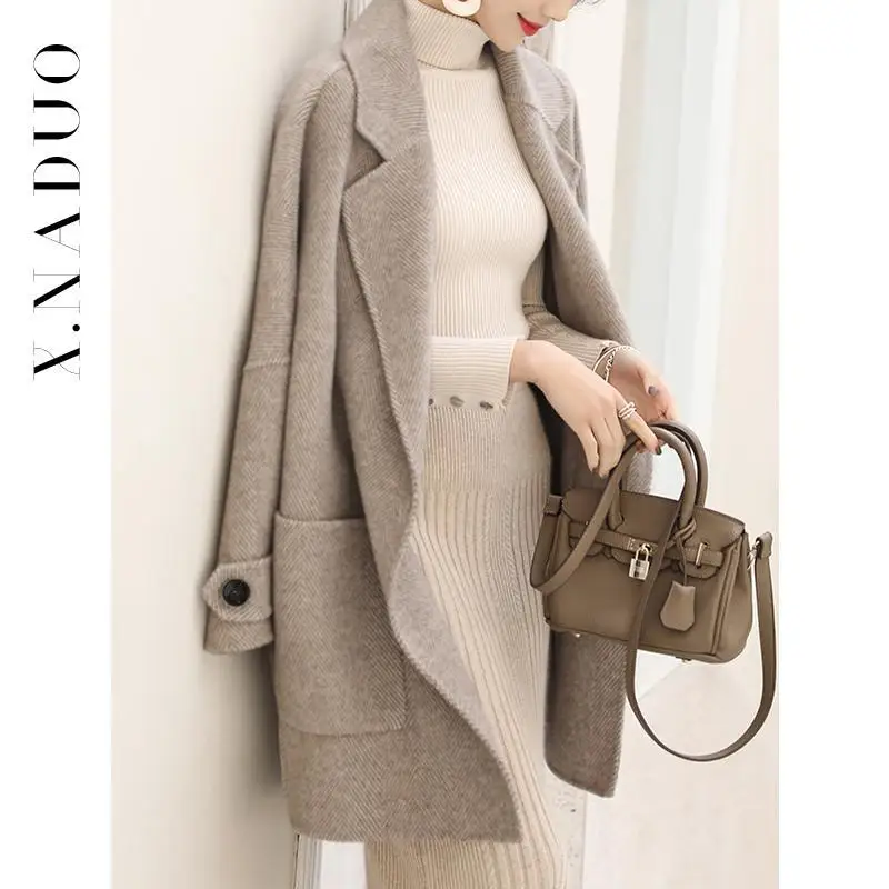 2021 Women Autumn Winter Elegant Wool Jacket Lady Button Notched Long Sleeve Mid-long Outerwear Female Casual Stripted Coat F208