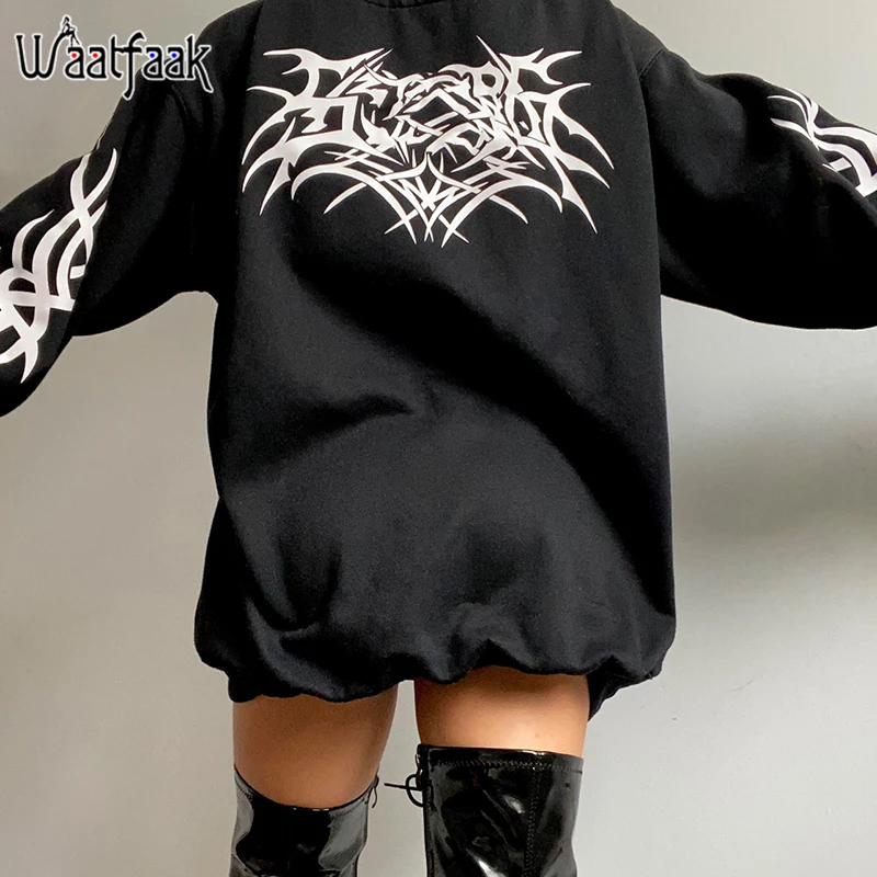 

Waatfaak Oversized Black Goth Hoodie Women Grunge Turtleneck Sweatshirt Letter Printed Dark Academia Hoodie Graphic Streetwear