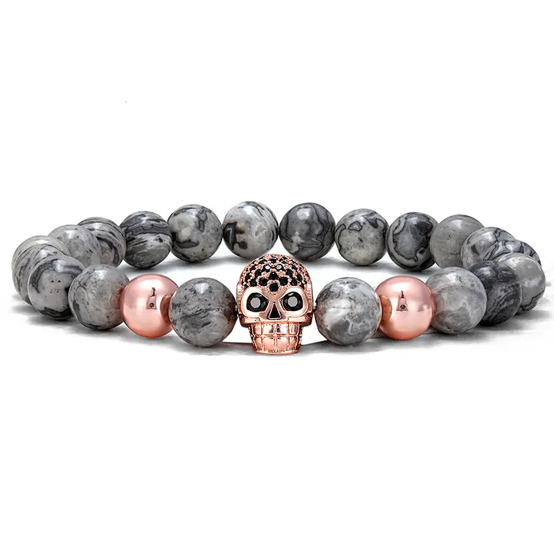 RoseGold Мужские браслеты черный череп микроинкрустация циркония натуральный камень бусины браслеты для женщин мужчин 8 мм карта камень браслет pulseras - Окраска металла: RoseGold