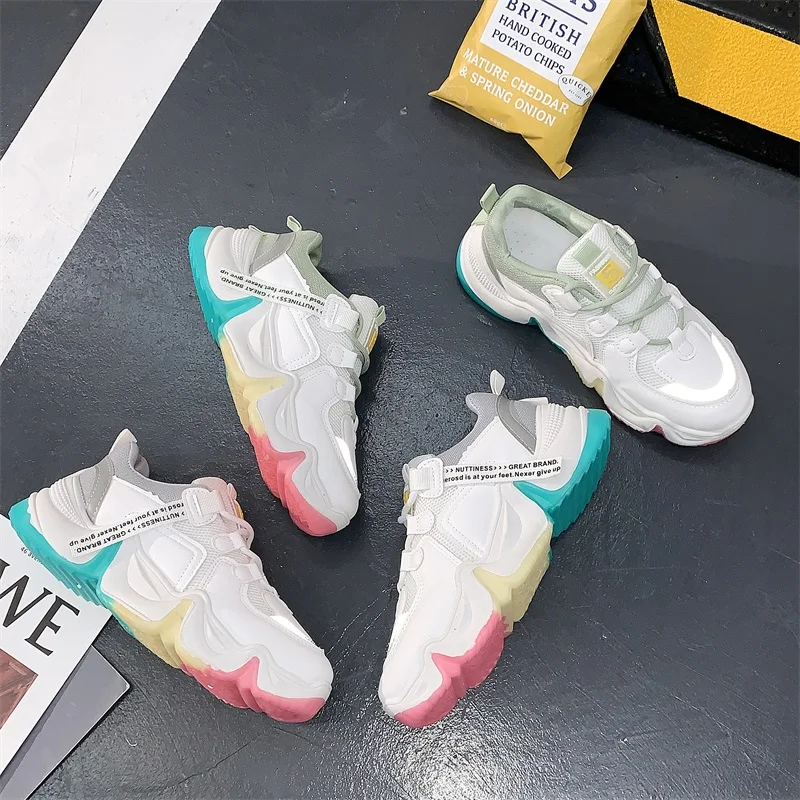 

New Autumn Colorful Sneakers Women Shoes Lace Up Thick Bottom High Heels Platform Shoes Woman Breathable Air Mesh Casual Shoes