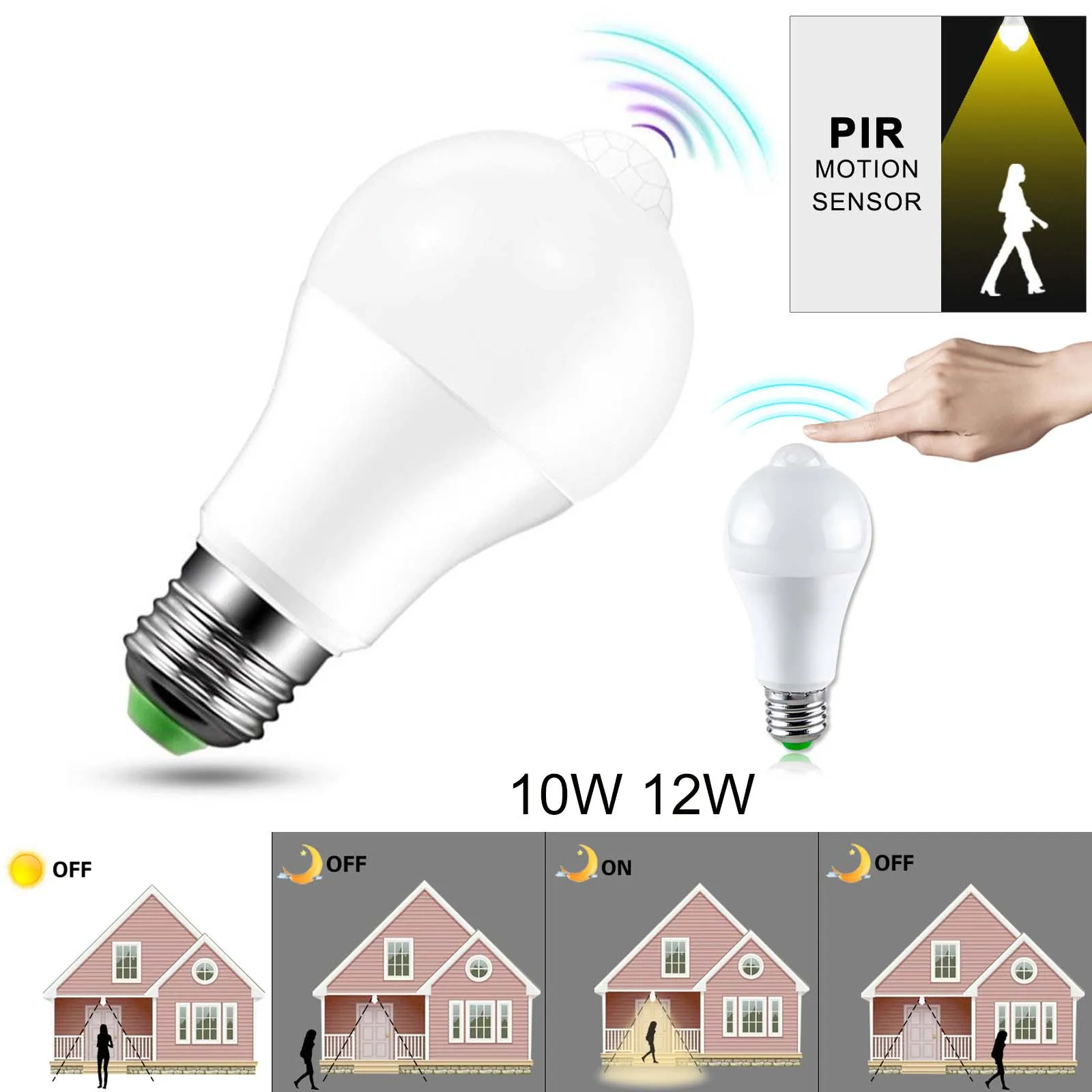 

Motion Sensor Light Bulb E27 10W 12W AC 85-265V Smart PIR LED Bulbs Auto On/Off Night Ligh Cool White 5000-6500K