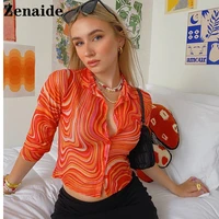 zenaide 2021 autumn casual long sleeve crop tops aesthetic fashion vintage top y2k sexy mesh see through print t shirt women