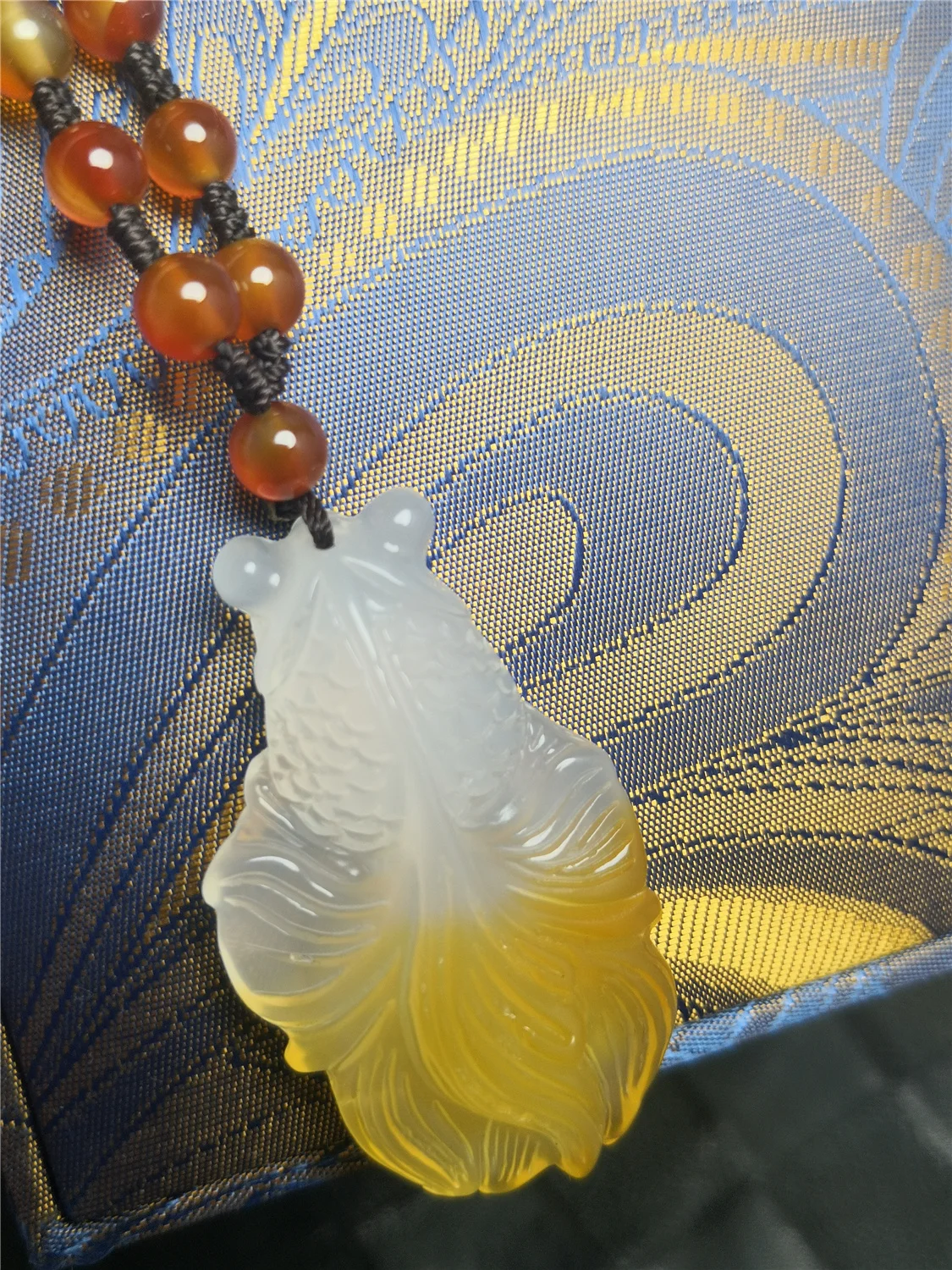 

Natural Hand-carved Chalcedony Goldfish Braided Bead Chain Necklace