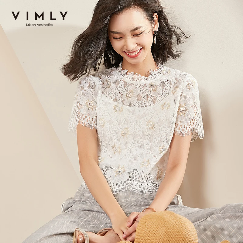 Лето 2020 женские кружевные ажурные рубашки Vimly элегантная Офисная Женская