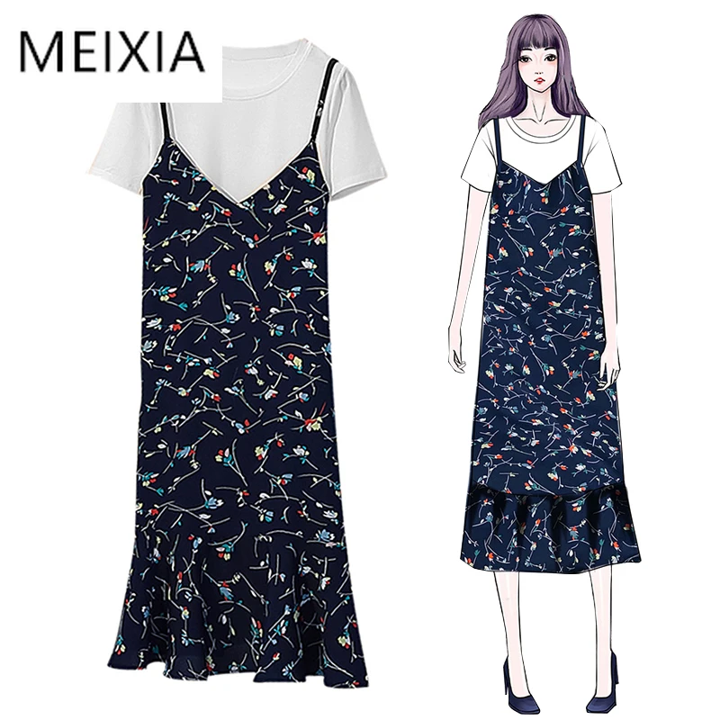 

MEIXIA Summer Women Casual two piece set Cotton Solid Top + Dress Floral Ruffles Hem Mid-Calf Sling Dress Suit Set 2 Piece Set