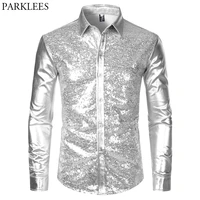silver metallic sequins glitter shirt men 2019 new 70s disco party halloween costume chemise homme stage performance shirt male