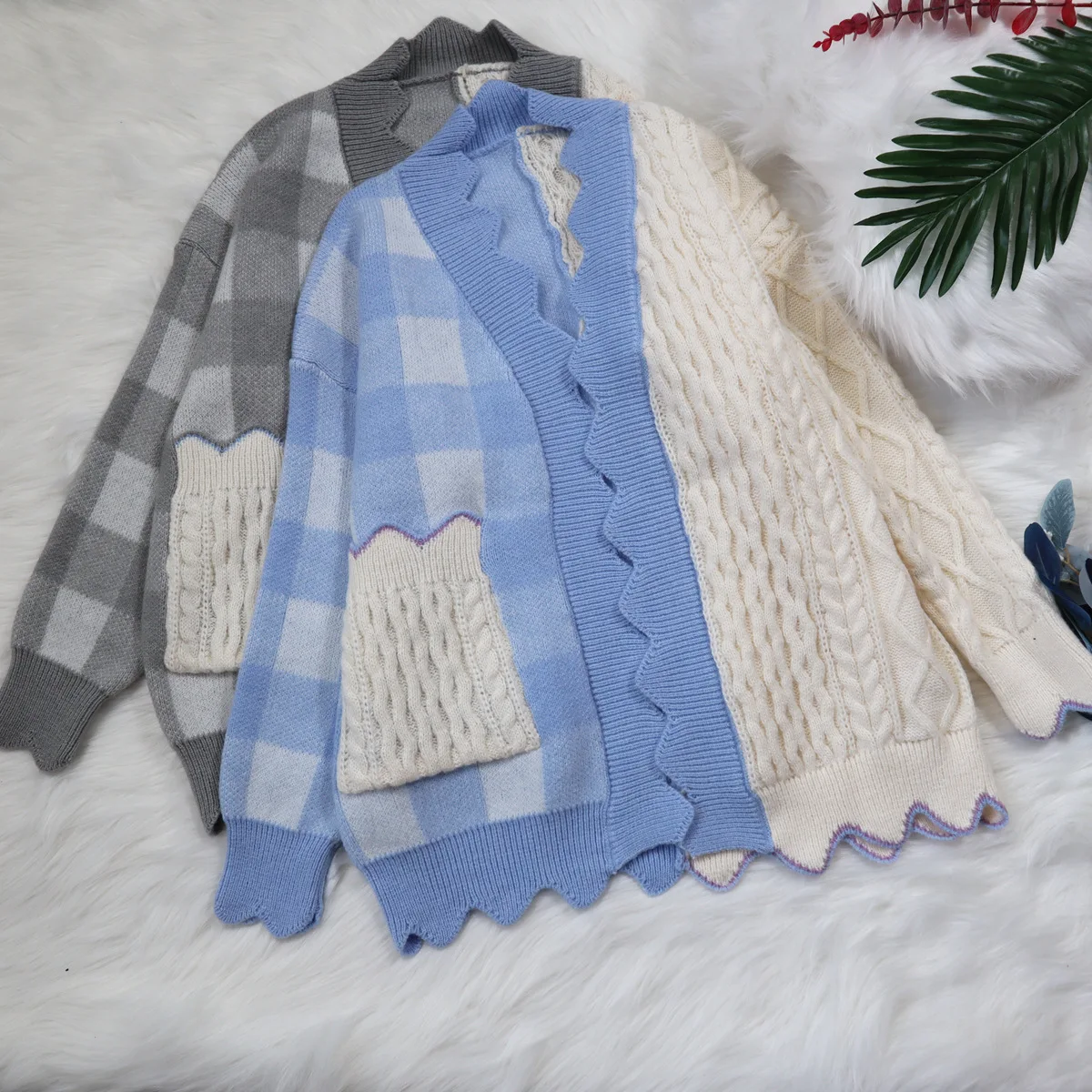 

EBAIHUI Cardigan for Women Patchwork Ruffles V Neck Sweater Coat Knitted Korean Fashion Sweet Jumper Loose Warm Winter Jackets