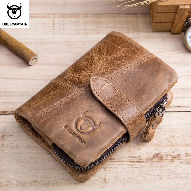 BULLCAPTAIN Men short Wallet Genuine Leather Retro Casual Multifunction Anti-theft brush Top layer cowhide Detachable coin purse